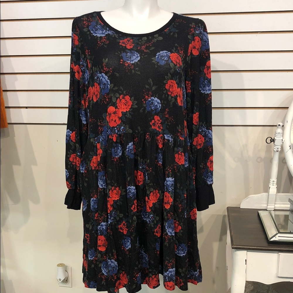 Torrid Black Dress with Red and Blue Floral Design